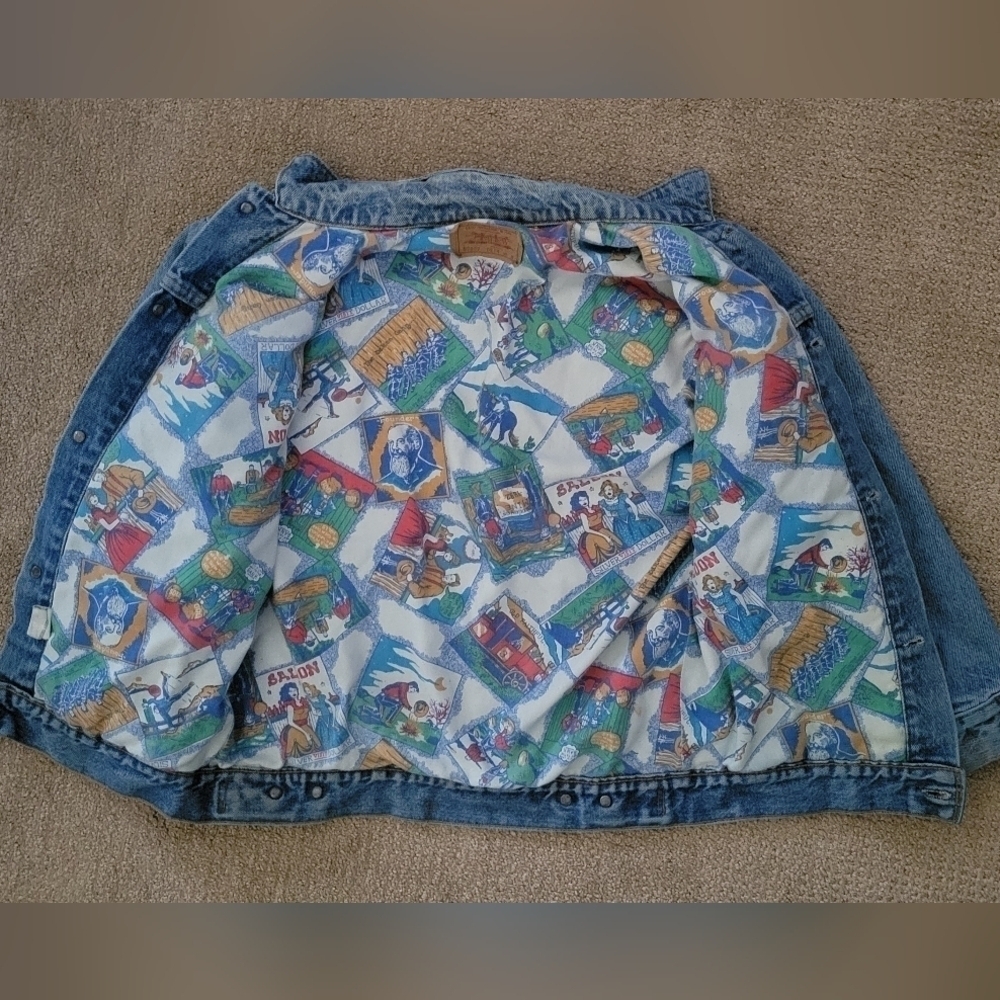 Vintage Unisex Levi's Blue Denim Trucker Jacket Cowboy Print Longing Rare Item - Picture 5 of 9